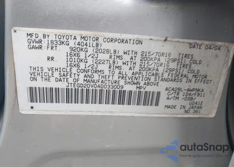 2004 Toyota Rav4 from USA, damaged, VIN JTEGD20V040033009